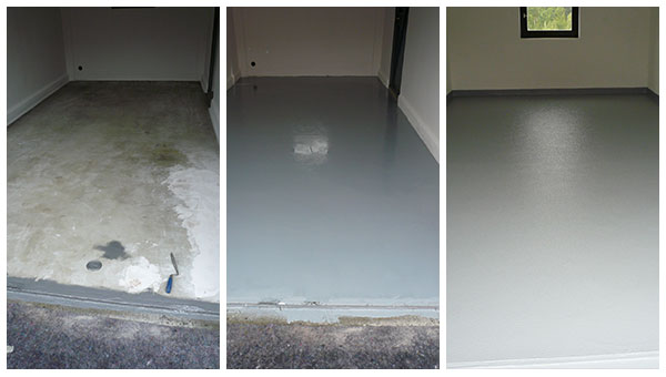 Vorbereitung eines alten Garagenbodens - die neue Beschichtung wird aufgetragen - der neue Garagenboden ist fertig: System: Noppe, Farbe: RAL 7001